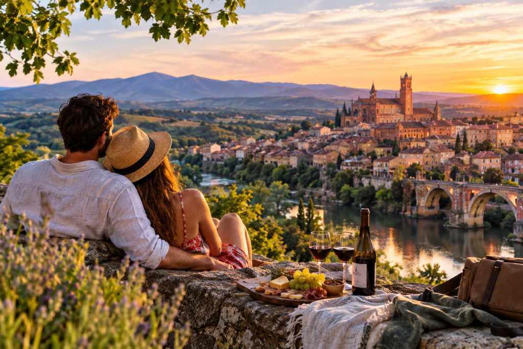 Couple profitant d’un séjour romantique en Occitanie au coucher du soleil