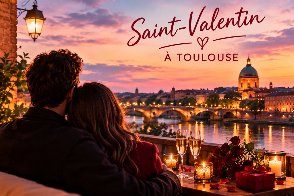 Couple profitant d’une soirée romantique de Saint-Valentin à Toulouse au bord de la Garonne
