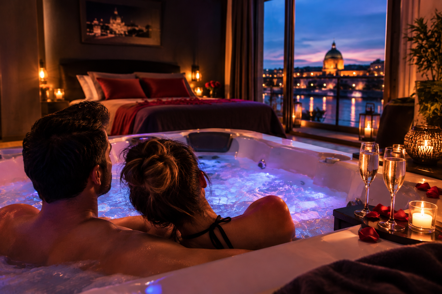 Couple profitant d’un jacuzzi privatif dans une chambre romantique près de Toulouse