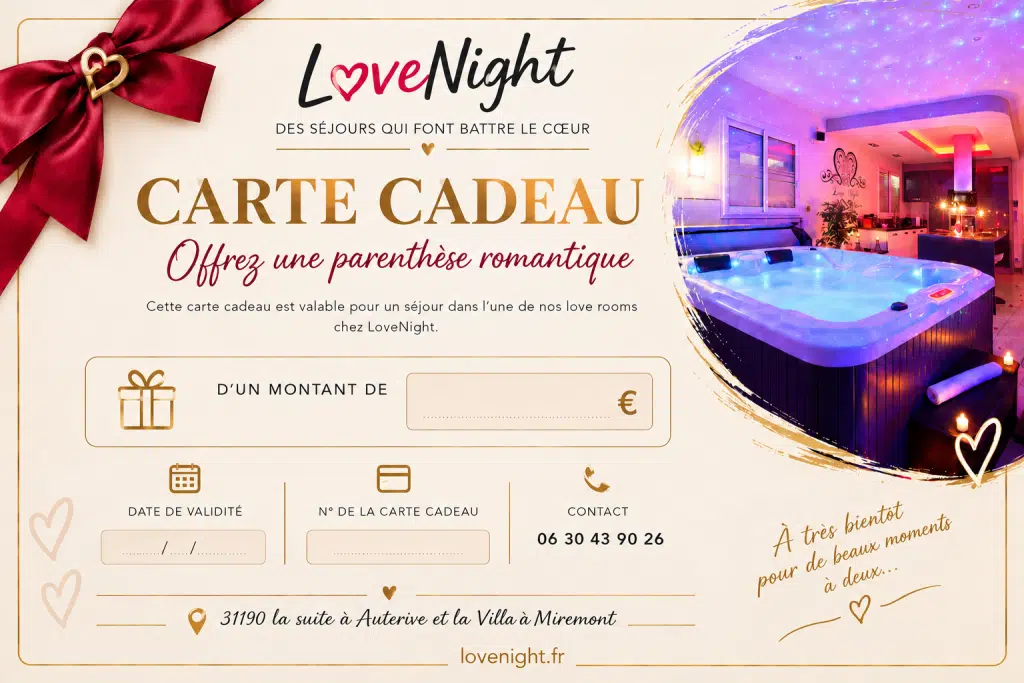 Carte cadeau LoveNight : une nuit romantique avec jacuzzi privatif près de Toulouse, à Auterive ou Miremont